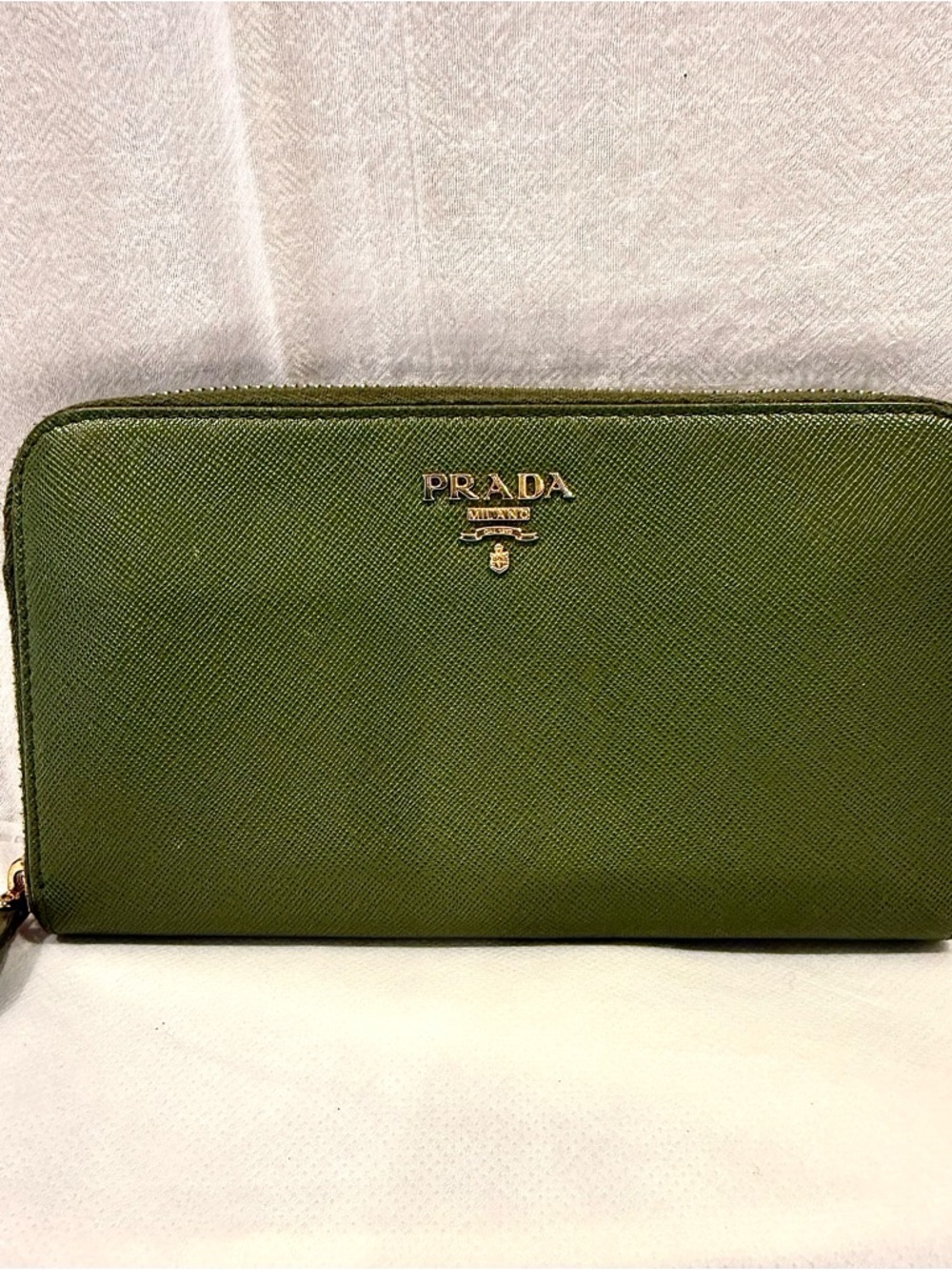 Prada Green Saffiano Zip-Around Wallet with Gold Logo